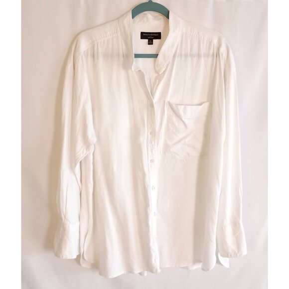 Banana Republic Linen Blend White Blouse XL Mandarin Collar Button Front - Picture 2 of 9